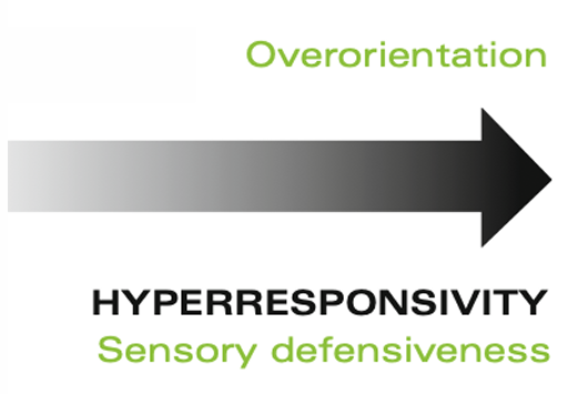 <ul><li><p><strong><u>Meltdowns, hypervigilance, anxiety, overreaction to perceived threat)</u></strong></p></li><li><p>May be to all sensory input, few, or one</p></li><li><p><strong>Common examples:</strong></p><ul><li><p><strong>Tactile Defensiveness </strong>– tendency to overreact to ordinary touch sensations </p></li><li><p><strong>Auditory Defensiveness</strong></p></li><li><p><strong>Gravitational Insecurity</strong> – a form of over responsiveness to vestibular sensations characterized by excessive fear during ordinary movement activities</p></li></ul></li></ul><p></p>
