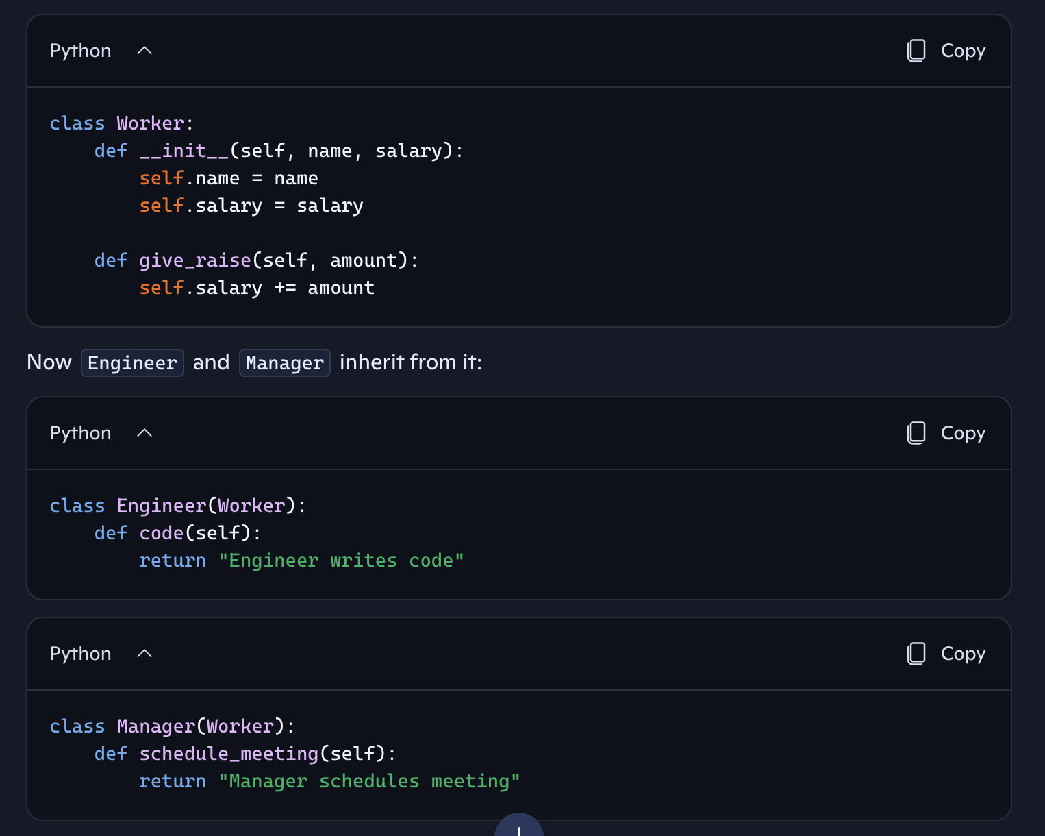 <p>create a Worker parent class with shared constructor + give_raise()</p>