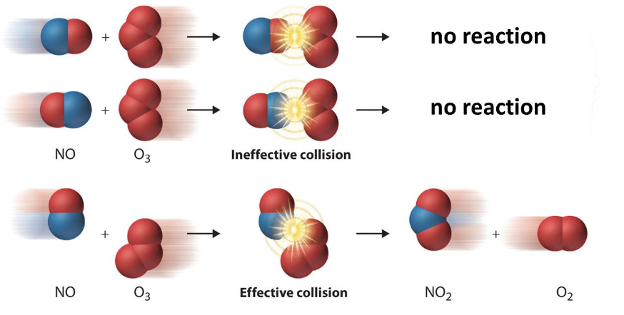 <ol><li><p>molecules must be in the correct orientation</p></li><li><p>there must be sufficient collision energy</p></li></ol><p></p>