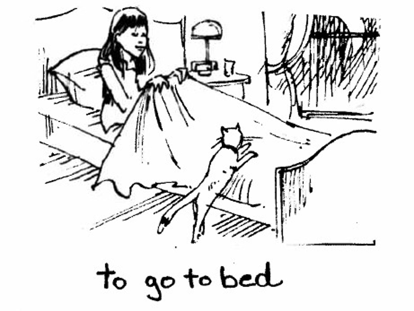 <p>to go to bed: I, you, he, we, you all, they go to bed</p>