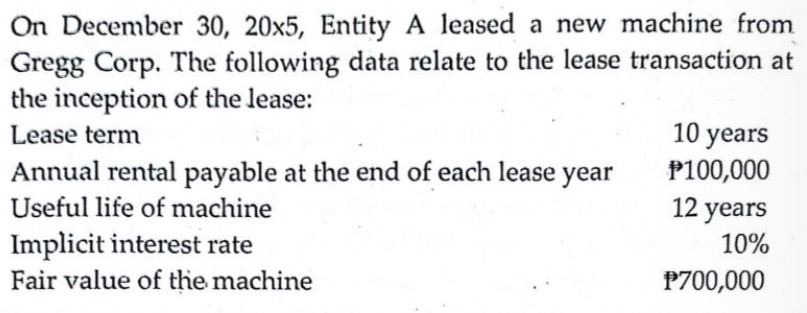 <p><span><span>The lease has no renewal option, and the possession of the machine reverts to Gregg when the lease terminates. At the inception of the lease, Entity A should record a lease liability of</span></span></p>