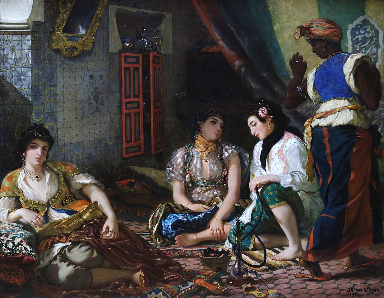 <p><strong>Identification:</strong></p><ul><li><p>Artist: Delacroix</p></li><li><p>Title: <em>Women of Algiers in their Apartment</em></p></li><li><p>Date: 1834</p></li><li><p>Movement: Romanticism / Orientalism</p></li></ul><p><strong>Historical Context:</strong></p><ul><li><p>The painting was inspired by Delacroix’s travels to North Africa, although much of the scene is constructed from memory and imagination.</p></li><li><p>It reflects European curiosity and fascination with non-European cultures during a period of colonial expansion</p></li></ul><p><strong>Style:</strong></p><ul><li><p>The work features rich colors, detailed patterns, and carefully rendered textures that emphasize luxury.</p></li><li><p>The composition is relaxed and intimate, focusing on a quiet interior space.</p></li><li><p>Light is used to draw attention to the figures and create a soft, atmospheric mood.</p></li></ul><p><strong>Themes:</strong></p><ul><li><p>The painting reflects Orientalism by presenting a romanticized and exotic view of Eastern life.</p></li><li><p>Women are shown in a private domestic space, reinforcing ideas of confinement and passivity.</p></li><li><p>The contrast between light and dark skin tones highlights racial and cultural differences.</p></li><li><p>The scene is not an accurate representation but rather a constructed fantasy shaped by Western perspectives.</p></li></ul><p></p>