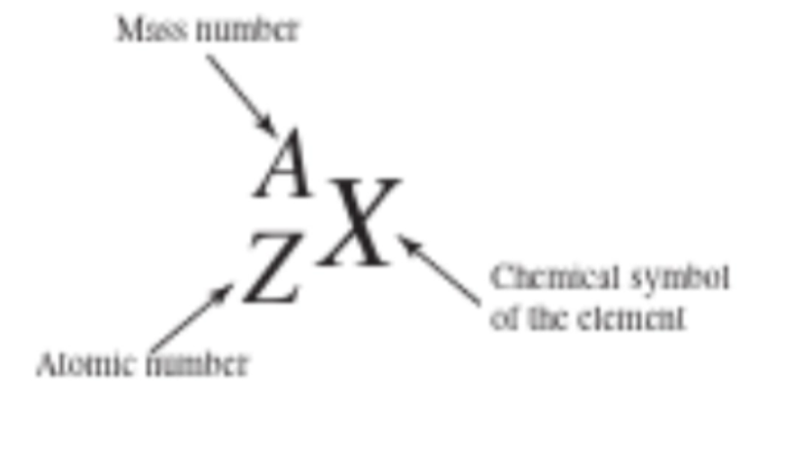 <p>symbol Z. the number of protons in the nucleus, identifies the chemical element.</p>