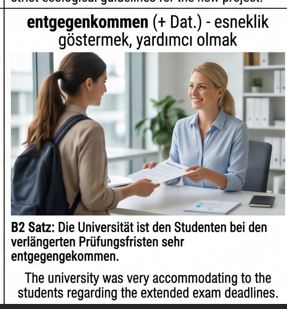 <p><strong>entgegenkommen</strong> (+ Dat.) <strong>C1 Synonym:</strong> Zugeständnisse machen, kooperieren</p>