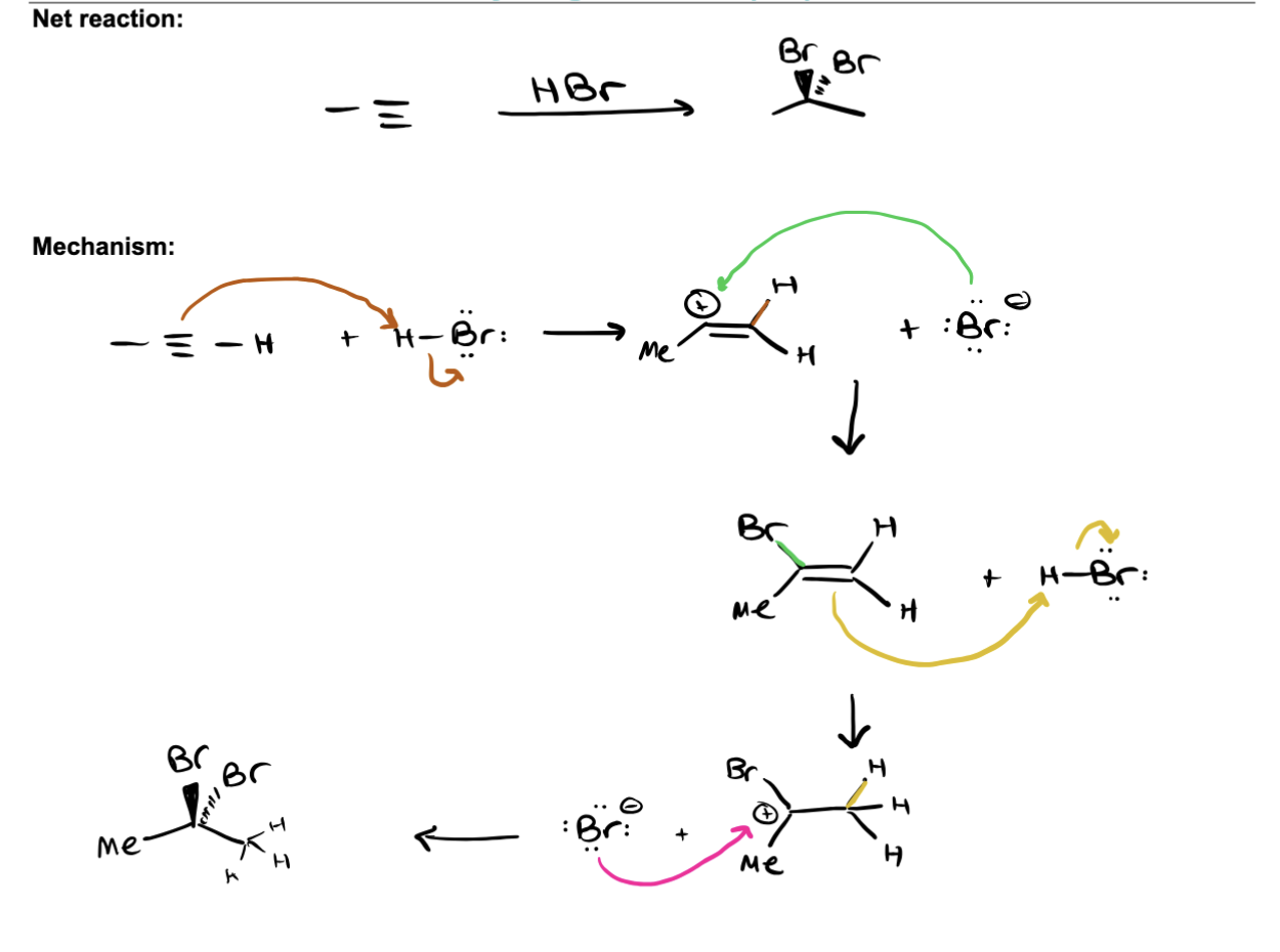 <p>PRODUCTS: HBR                                                                         STEPS:  ALKYNE ATTACKS H-BR MAKES ALKENE BOND WITH H ON LESS SUBSTITUED CARBON →   BR ANION ATTACKS CARBOCATION → FORMS BROMINATED ALKENE → REPEATED UNTIL GEMINAL DIHALIDE ON  ALKANE                                       EXPLANATION: 2. alkyne attacks H on H-Br,  forms alkene with carbocation (markiviok) and Br anion, Br anion attacks carbocation on alkene replacing it to form brominated ALKENE, then the ALKENE attacks another H on H-BR forming Br anion and alkane with carbocation, (H on less subsitiued AND  hen final Br anikon attakcs carbocation forming geminal dihalid, where both Brs are on same carbon</p>