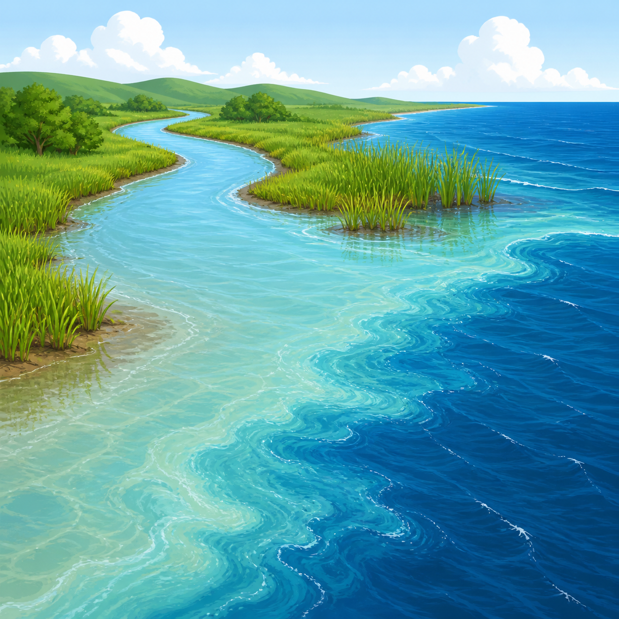 <p>The unique ecosystem where freshwater from a river feeds into salt water.</p>