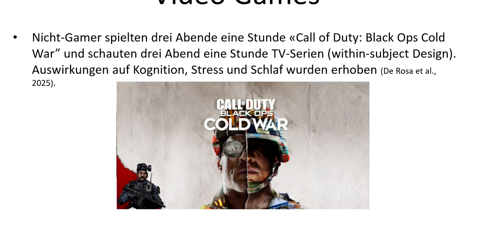 <p><span style="background-color: rgb(229, 224, 236);">Methode:</span></p><ul><li><p><span><em>Siehe Abbild</em></span></p></li></ul><p><span style="background-color: rgb(229, 224, 236);">Ergebnis:</span></p><ul><li><p><span>Nach dem Videogamen waren die VPn besser in einer Working-Memory-Aufgabe (N back) und waren weniger gestresst, als wenn sie Serien schauten</span></p></li><li><p><span>(zeitlimitiertes) Video-Gamen kann durchaus positive Auswirkungen haben</span></p></li></ul><p></p>