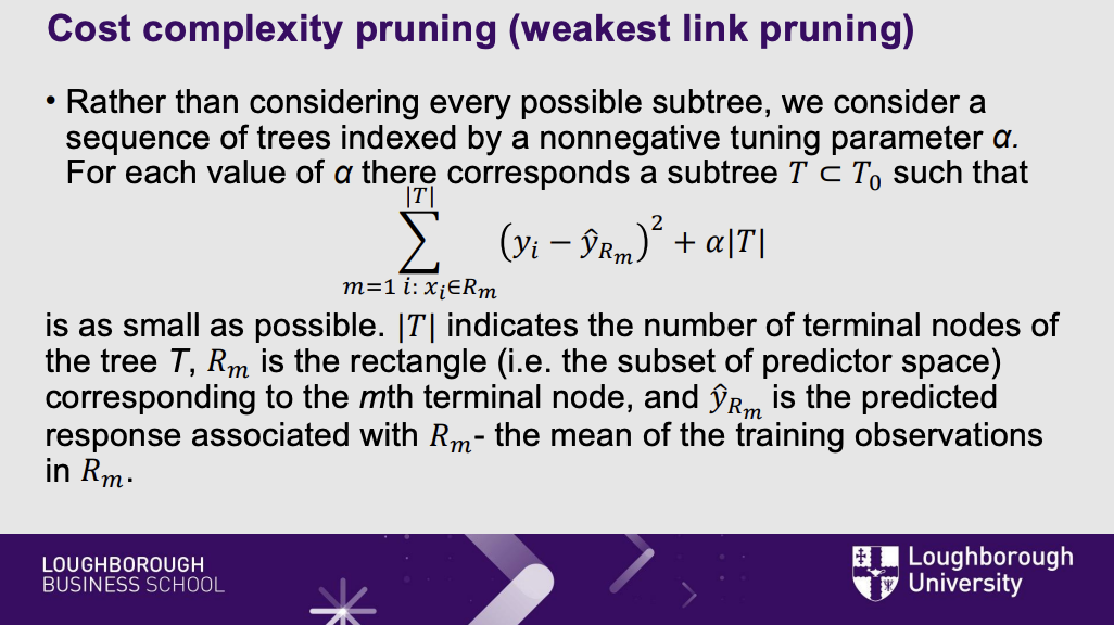 <ul><li><p><span style="line-height: 1.15;"><strong>What it means:</strong> To fix overfitting, we use <strong>Cost Complexity Pruning</strong> </span><span>.</span></p><p></p></li><li><p><span><strong>The translation:</strong> We let the computer grow a massive, overgrown tree. Then, we take out the mathematical scissors and cut off the bottom branches (pruning). </span><span style="line-height: 1.15;">We introduce a dial called <strong>$\alpha$ (alpha)</strong> that penalizes the computer for having too many branches </span><span>. This forces the final tree to stay small, simple, and capable of handling new data.</span></p></li></ul><p></p>