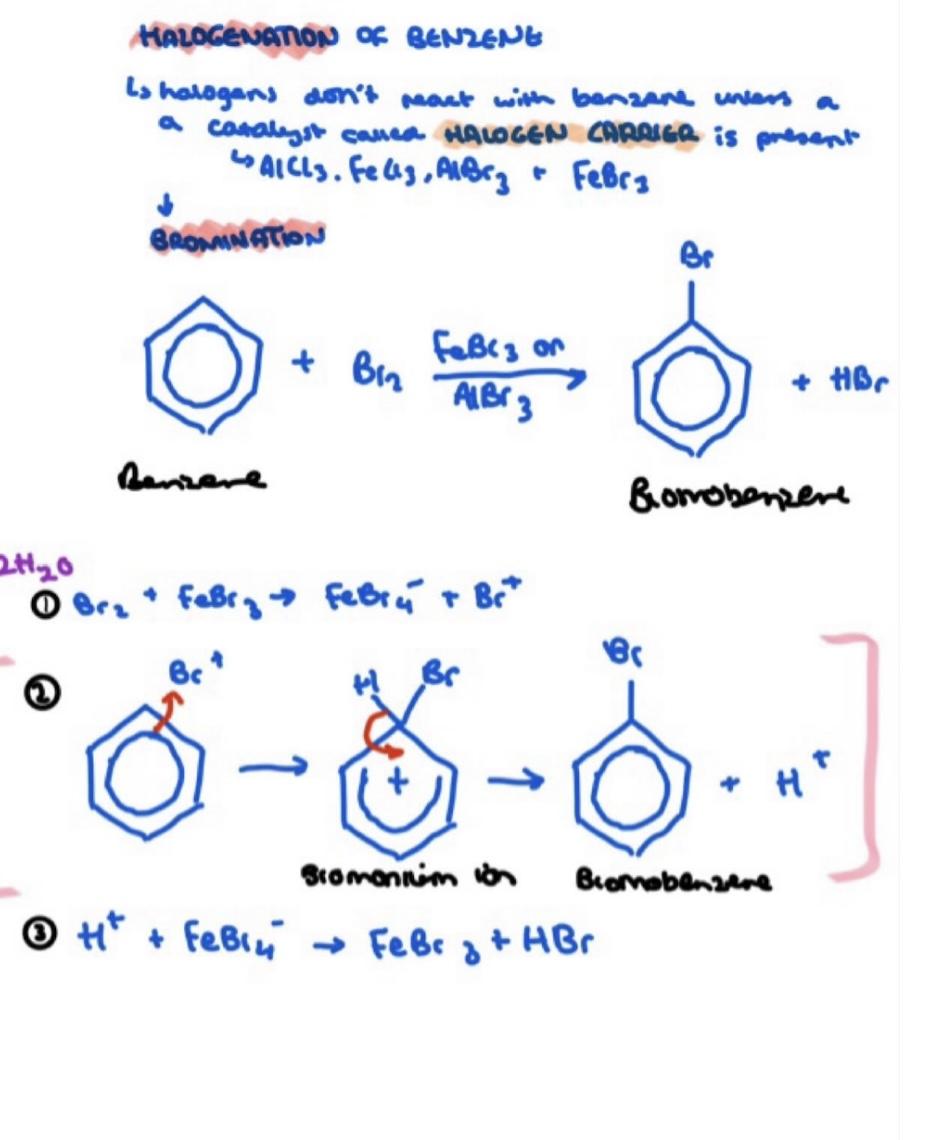 <p>reagents:</p><ul><li><p>Br2 / Cl2</p></li></ul><p>catalyst:</p><ul><li><p>FeBr3, <strong>FeCl3</strong>, or AlCl3</p></li></ul><p>product: halogenobenzene</p>