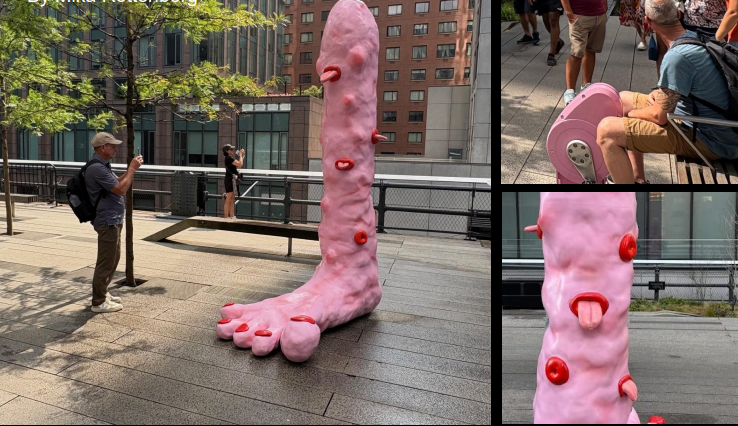 <p>Art instillation by Mika Rottenberg, startling design, unexpected, should biophilic art always be comfortable?</p><p> <span>installed from April 2025 through May 2026. It is a vibrant, pink lower leg and foot decorated with red toenails and tongues, featuring a working sprinkler activated by nearby pedals to cool visitors.</span> </p>