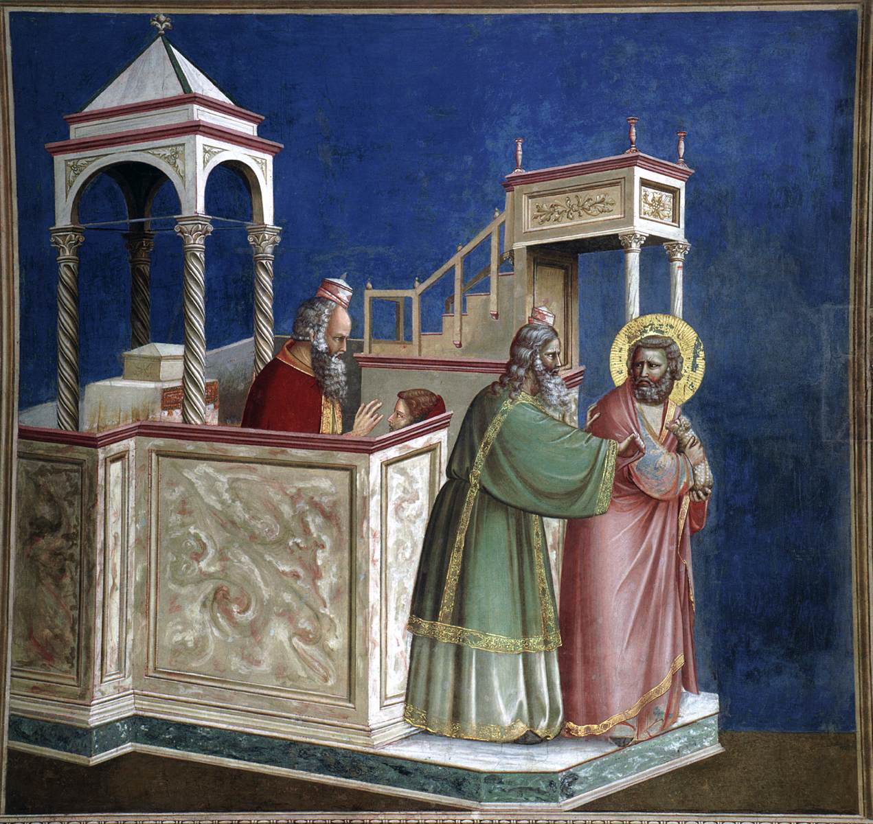 <ul><li><p>Depicts the namesake saint, a rich and pious man who regularly gave to the poor but because of he and his wife's childlessness, his sacrifice to God in the temple was rejected, and he wasn't allowed back into the temple either</p><ul><li><p>Based on a story from “The Golden Legend” (the “White Fire” of the New Testament, just like the Marriage of the Virgin Mary</p></li></ul></li></ul><p></p>
