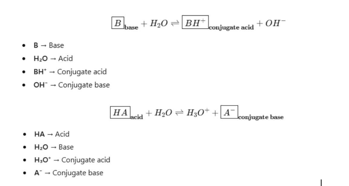 <ul><li><p><span style="background-color: transparent;"><span>An acid is a proton donor</span></span></p><ul><li><p><span style="background-color: transparent;"><span>It must contain H in its formula, e.g. HNO3, H2PO4 - , H2SO4, HCl.</span></span></p></li><li><p><span style="background-color: transparent;"><span>An acid acts as an reactant and donate its proton to create a product and the remaining becomes a conjugate base</span></span></p></li></ul></li><li><p><span style="background-color: transparent;"><span>A base is a proton acceptor</span></span></p><ul><li><p><span style="background-color: transparent;"><span>Must contain a lone pair of electrons to bind the H+ ion, e.g. NH3, CO3 2- , OH- .</span></span></p></li></ul></li></ul><p></p>