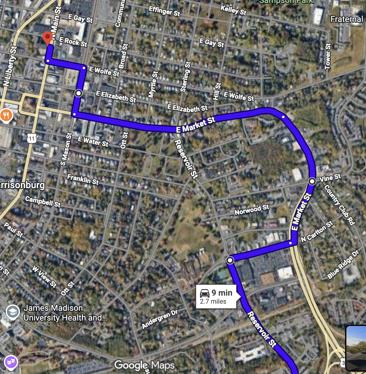 <p>address: 265 s Main st</p><p>route:</p><ol><li><p>left on reservior</p></li><li><p>right on  S cartlton st</p></li><li><p>left onto east market st</p></li><li><p>right onto N mason st</p></li><li><p>left on E wolfe</p></li><li><p>Left on N main</p></li></ol><p></p>
