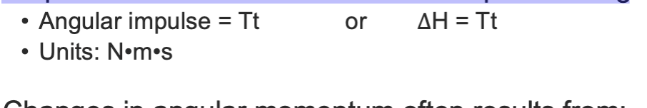 <p>change in angular momentum, product of torque and the time over which the torque is acting</p><p>-increase/decrease torque an/or time</p>