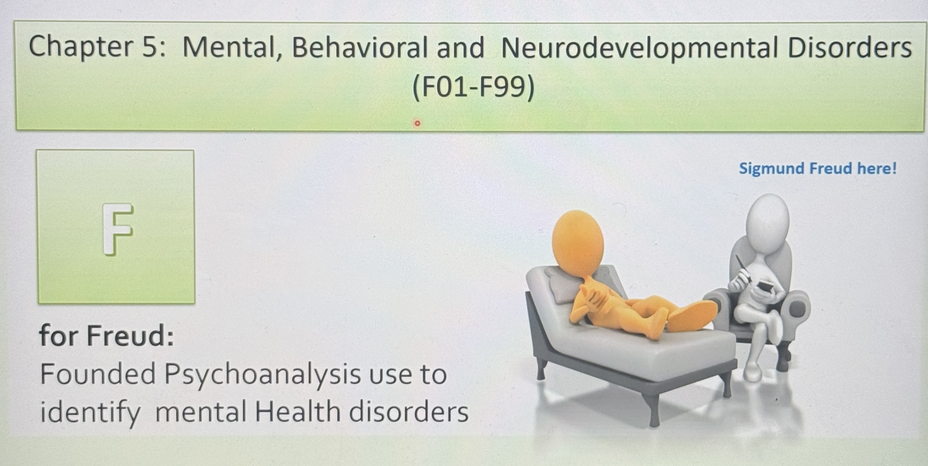 <p>F01-F99</p><p>mental behavior and neurodevelopmetal disorders </p>