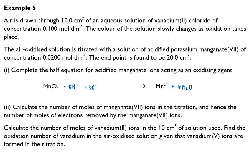 <p>Using redox titrations to work out the oxidation state of an element - Example 5:</p>