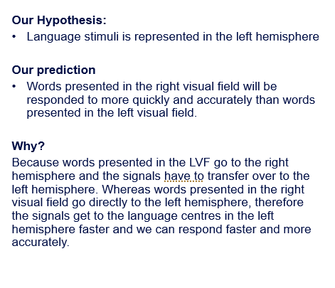 <ul><li><p>fixating on cross and not looking at word, so we don’t make a saccade to the word. <span style="font-family: "Arial Nova Light";">Would be important because both visual fields would get access to it. Not one visual field that we're trying to test at a time.</span></p></li><li><p>lexical decision task- is it a real or non word? <span style="font-family: "Arial Nova Light";">Would be important because we're testing the speed with which we recognise / decide something as a word or not shows the speed with which what we see from our visual field has gotten processed. Language lateralisation.</span></p></li><li><p><span style="font-family: "Arial Nova Light";">you’d expect RVF to do better?</span></p></li></ul><p></p>