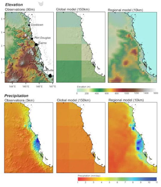<ul><li><p>Regional models display:</p><ul><li><p>Improved topography </p></li><li><p>Coastlines </p></li><li><p>Extremes in data </p></li></ul></li><li><p>They may not improve on large scale features inherited from the driving global model</p></li></ul><p></p>