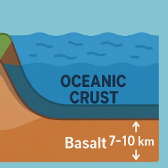 <ul><li><p>Made mainly of Basalt (denser rock) </p></li><li><p>Thinner </p></li><li><p>More dense </p></li><li><p>Younger </p></li><li><p>Form the ocean floor </p></li></ul><p></p>
