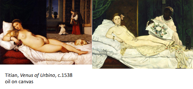 <p><strong>Similarities:</strong></p><ul><li><p>Both paintings show a <strong>reclining nude woman</strong> lying on a bed.</p></li><li><p>Both figures look outward toward the viewer, creating a direct visual connection.</p></li><li><p>Both include <strong>details like jewelry, flowers, and a servant figure</strong>, suggesting themes of love and sexuality.</p></li><li><p>Manet’s painting is intentionally based on Titian’s composition.</p></li></ul><div data-type="horizontalRule"><hr></div><p><strong>Differences — Identity of the Woman:</strong></p><ul><li><p>In Titian’s painting, the figure represents <strong>Venus</strong>, a goddess, making the nudity acceptable and idealized.</p></li><li><p>In Manet’s painting, Olympia is a <strong>real, modern woman</strong>, likely a prostitute.</p></li><li><p>This removes the “mythological excuse” and makes the nudity feel more direct and uncomfortable.</p></li></ul><div data-type="horizontalRule"><hr></div><p><strong>Differences — Style and Appearance:</strong></p><ul><li><p>Titian uses <strong>soft lighting and smooth transitions</strong>, creating an idealized and beautiful body.</p></li><li><p>Manet uses <strong>harsh lighting and flat tones</strong>, making the body appear more real and less idealized.</p></li><li><p>Olympia’s body looks more stark and confrontational, rather than softly sensual.</p></li></ul><div data-type="horizontalRule"><hr></div><p><strong>Differences — Meaning and Symbolism:</strong></p><ul><li><p>In <em>Venus of Urbino</em>, the <strong>dog symbolizes loyalty and marriage</strong>, suggesting a domestic, acceptable context.</p></li><li><p>In <em>Olympia</em>, the <strong>black cat replaces the dog</strong>, symbolizing sexuality and independence.</p></li><li><p>Titian’s painting suggests a <strong>private, intimate setting</strong>, while Manet’s feels more like a <strong>transactional encounter</strong>.</p></li></ul><div data-type="horizontalRule"><hr></div><p><strong>Differences — Relationship to the Viewer:</strong></p><ul><li><p>Venus’s gaze is softer and more inviting, fitting traditional ideas of beauty and femininity.</p></li><li><p>Olympia’s gaze is direct and self-aware, making the viewer feel like a <strong>client rather than a passive observer</strong>.</p></li></ul><div data-type="horizontalRule"><hr></div><p><strong>Overall Meaning:</strong></p><ul><li><p>Titian presents an <strong>idealized, acceptable nude within a classical tradition</strong>.</p></li><li><p>Manet reworks this into a <strong>modern, confrontational image that exposes social realities like prostitution</strong>.</p></li><li><p>The comparison shows how Manet challenges traditional art by making the familiar subject feel uncomfortable and real.</p></li></ul><p></p>