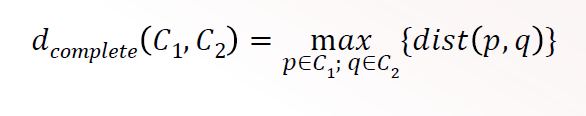 <ul><li><p>maximum distance between any pair of points</p></li><li><p>O(n<sup>2 </sup>)</p></li><li><p>favours compact, spherical clusters</p></li><li><p>still sensitive to outliers</p></li></ul><p></p>