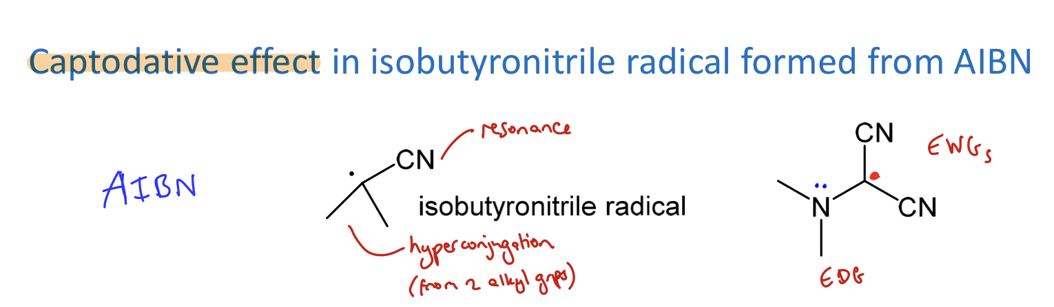 <p>Alkyl radicals very reactive. Can be stabilised by:</p><ul><li><p>delocalisation into pi systems e.g. allyl or benzyl</p></li><li><p>adjacent EWG or EDG systems</p></li><li><p>combo of these factors → further stabilisation</p></li></ul><p>= captodative effect</p>