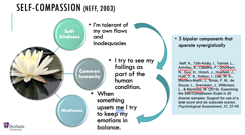 <ol><li><p><span>being kind rather than critical to oneselfI (self kindness) </span></p></li><li><p><span>Recognising that suffering and failure is part of the human condition (common humanity)</span></p></li><li><p><span>approaching emotions in a balanced manner (mindfulness) </span></p></li></ol><p></p>