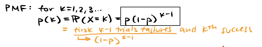 <p>Parameter: 0 < p < 1 success probability</p><p>Models: # of independent trials until 1st success</p><p>E[X] = 1/p</p><p>Var(X) = (1-p)/p²</p>