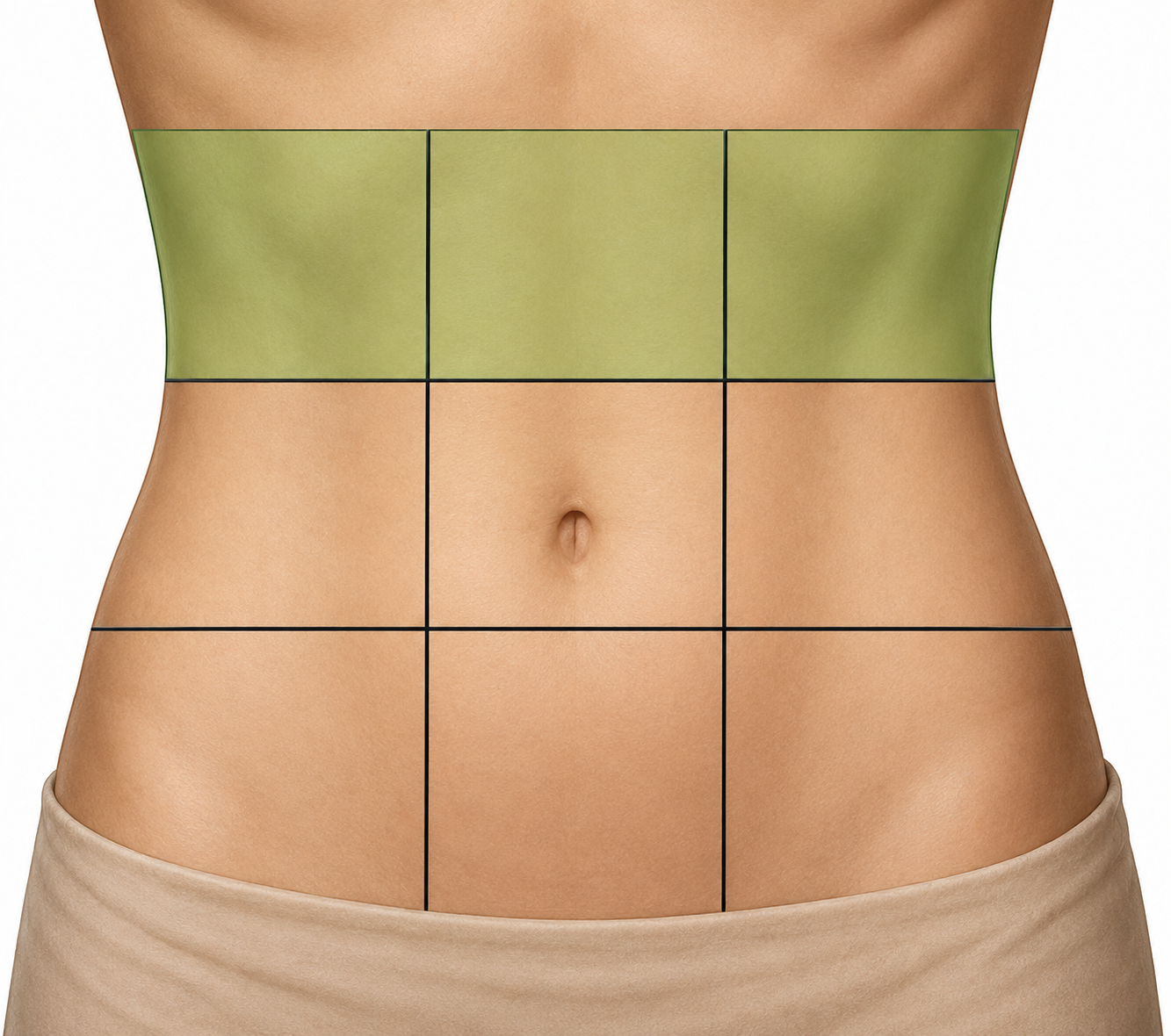 <p>Name the three upper abdominal regions from the patient's right to left.</p>