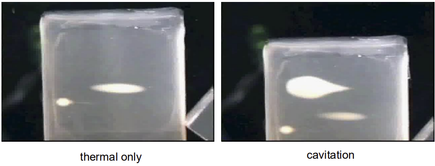 <p>thermal effects are much easier to control than cavitation as bubble collapse leads to various knock-on effects that are hard to quantify </p><p>→ sound is reflected back towards transducer → tadpole shaped lesions </p><p>→ produces larger legions in the same treatment time </p>