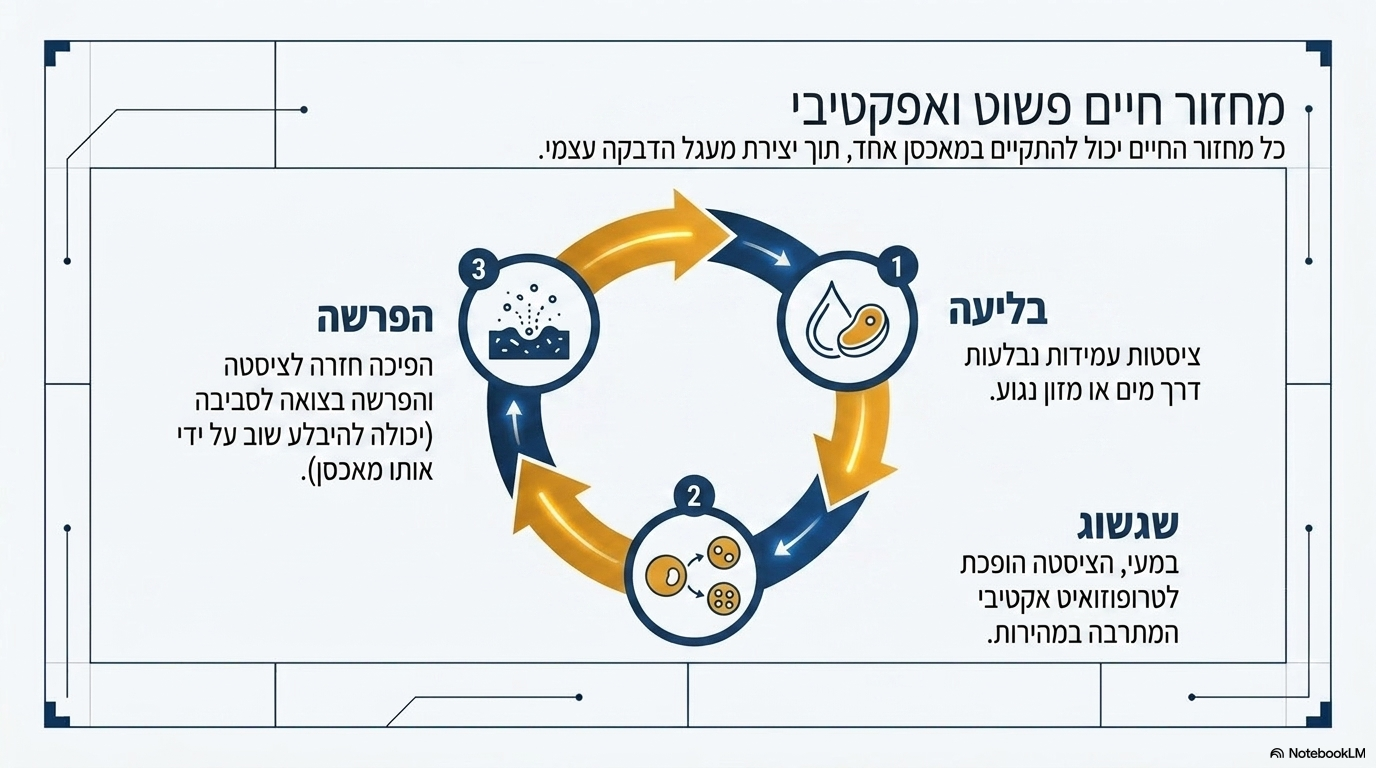 <ul><li><p><strong>מעגל חיים פשוט:</strong> כל שלבי החיים של הטפיל יכולים להתקיים בתוך <strong>מאכסן יחיד</strong>.</p></li><li><p><strong>מנגנון ההדבקה:</strong> הציסטות של הטפיל יוצאות בצואה, ומועברות הלאה כאשר הן נבלעות על ידי מאכסן חדש או על ידי אותו מאכסן עצמו (הדבקה עצמית).</p></li><li><p><strong>מורכבות אפידמיולוגית:</strong> למרות מעגל החיים הפשוט, האפידמיולוגיה מורכבת ביותר מאחר שמדובר ב<strong>זואונוזה</strong> (מחלה שעוברת לאדם) שיכולה להיות נוכחת בכל סוגי בעלי החיים. הטפיל עמיד ביותר בסביבה, נדבק לכל רקמה (ובפרט למעי), ומהווה <strong>מזהם עיקרי של מקורות מים</strong>.</p></li></ul><p></p>