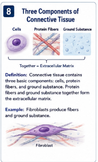 <p>Connective tissue contains three basic components: cells, protein fibers, and ground substance. </p><p></p><p>Protein fibers and ground substance together form the extracellular matrix.</p>