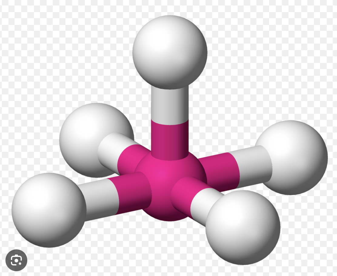<p>5 sigma bonds, 1 lone pair</p><p>Bond Angles: 90 degrees</p>