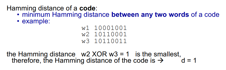 <p>The minimum Hamming distance between any two valid code words in the code.</p>