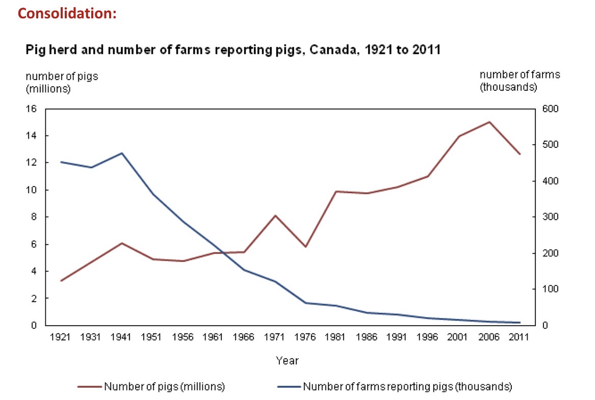 <p><span><strong>1. Farms</strong>: fewer + larger</span></p><p><span><strong>2. Food supply</strong>: small number of corporations control breeding (animals and seeds/plants), production, processing, marketing, and sales (e.g. Monsanto, Cargill, Tyson, DuPont, Smithfield, Kraft, Nestle, Unilever, Colgate-Palmolive, Mars)</span></p>