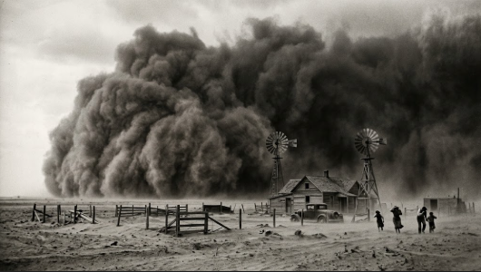 <p>What term/concept is being visualized in this image?</p><p>Definition: A historical term for the massive, rolling storm clouds of windblown topsoil that darkened the sky during the Dust Bowl.</p>
