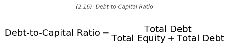 <p>\text{Debt-to-Capital} = \dfrac{\text{Total Debt}}{\text{Total Equity} + \text{Total Debt}}</p>