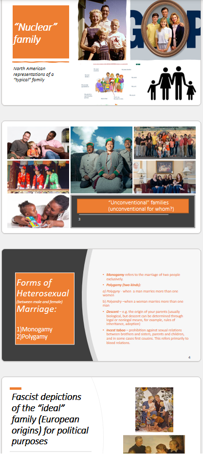 <p>1. Difference Between Family and Kinship</p><p>Family refers to a specific domestic group, often the nuclear unit of parents and children, who live together and share everyday responsibilities. Kinship, however, is a broader cultural system that organizes social relationships through descent, marriage, and shared ancestry. As discussed in the February 12 lecture, kinship systems can be patrilineal (tracing descent through the father’s line) or matrilineal (tracing descent through the mother’s line), showing that relatedness is culturally structured, not just biological. Anthropologists study kinship to understand how societies track ancestry, inheritance, marriage rules, and social obligations. While a family is one small unit within this system, kinship extends outward to define belonging and social organization across generations.</p><ul><li><p>in lecture we talked about different versions of families, and the nuclear family being used as a political tool in european fascism. this unit in society. different from kinship which is organization to track descent/relation. </p></li></ul><div data-type="horizontalRule"><hr></div><p><span>•</span><strong><span>Nuclear family </span></strong><span>– parents and their biological and adopted children</span></p><p><span>•</span><strong><span>Bilateral kinship </span></strong><span>– a system where children trace their descent through both of their parents</span></p><p><span>•</span><strong><span>Matrilineal kinship </span></strong><span>– a system of descent where people are related to their own kin through their mothers only</span></p><p><span>•</span><strong><span>Patrilineal&nbsp; kinship </span></strong><span>– a system of descent where people are related through the male line</span></p><p><span>•</span><strong><span>Extended family </span></strong><span>– a group based on blood relations of three or more generations.</span></p><p><span>•</span><strong><span>Fictive kin- </span></strong><span>family ties based neither on blood nor marriage ties . For example, ”Aunt” or “Uncle” who’s a family friend; a godparent</span></p>