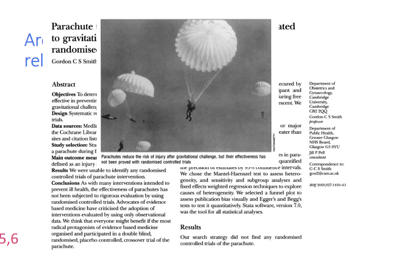 <p>What does the parachute systematic-review example illustrate?</p>