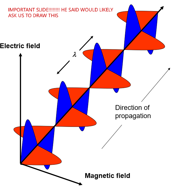 <p>transverse electromagnetic wave (there is both a magnetic and an electric field). Light is part of the electromagnetic radiation spectrum that our eyes can detect!</p>