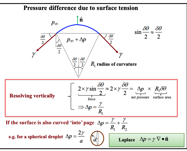 <p>Our surface tension can be defined in two ways:</p><ul><li><p><strong>Tension</strong> (N/m) basically a force per unit length, a pull on the fluid</p></li><li><p><strong>Energy</strong> (J/m²) as a surface energy per unit area</p></li></ul><p></p><p>To work out the pressure different due to surface tension</p><ul><li><p><strong>This is identical to a hoop stress derivation</strong></p><ul><li><p>So ΔP = γ/R for a single curvature (γ = ΔP/R) </p></li><li><p>and ΔP = 2γ/R for spherical (γ = ΔP/2R)</p></li><li><p>And for compound curvature. $$\Delta p = \gamma \left( \frac{1}{R_1} + \frac{1}{R_2} \right)$$ </p></li></ul></li></ul><p></p><p>We are just balancing and integrating our pressure force (can take as a sector) with our surface tension at an angle. The trig terms will cancel out.</p><p></p>