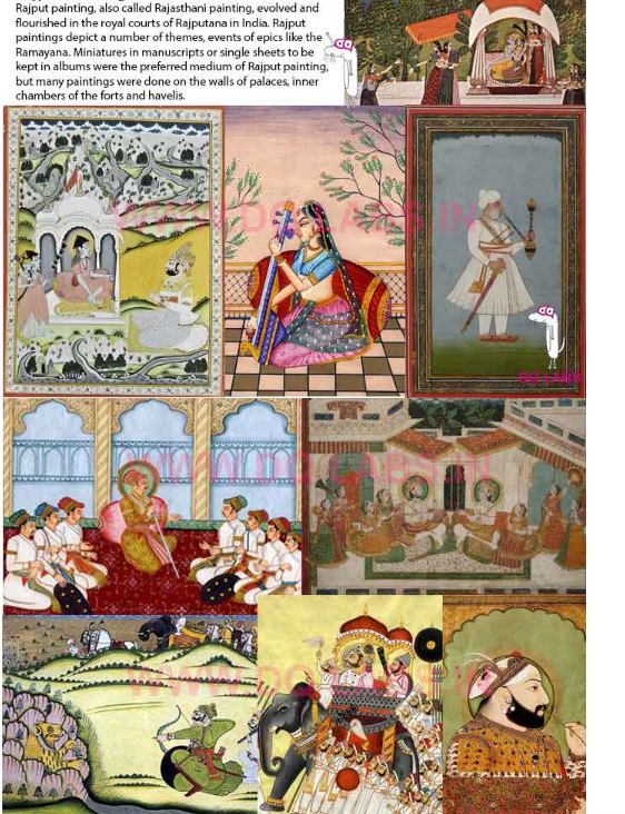 <p>Also called Rajasthi paintings, flourished in the royal courts of Rajputana. Depict a number of themes, events of epics like Ramayana. Many paintings were done on the walls of palaces, inner chambers of the forts and havelis. </p>