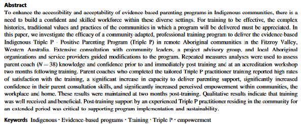 <ul><li><p>38 local workers trained</p></li><li><p>positive training outcomes (knowledge, confidence)</p></li><li><p>positive family outcomes (child adjustment, parenting, self-efficacy, parental adjustment</p></li><li><p>worker and parent empowerment</p></li></ul><p></p>