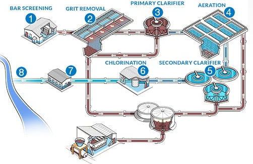 <p>Bar screening (remove large items), screening/grit removal, primary clarifier (separates organic matter), aeration (air is added to convert NH3 to NO3 and provide oxygen for bacteria), secondary clarifier (remaining organic matter settles and separate), chlorination/disinfection (kills bacteria), analysis/testing (pH, DO, and other chemicals), effluent disposal (clean water is reintroduced to environment)</p>