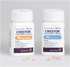 <p>rosuvastatin</p><p>high: 20-40mg</p><p>med: 5-10mg </p><p>rhabdo, cpk, lfts</p>