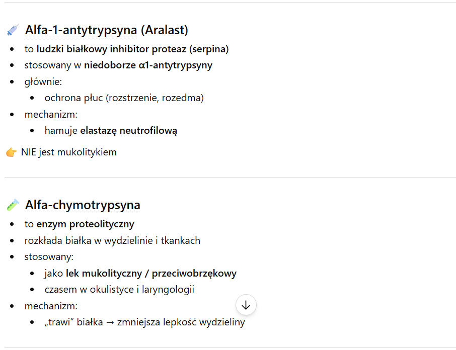 <p><strong>alfa-1-antytrypsyna</strong>→hamuje proteinazy+przeciwzapalnie</p><p><strong>kanakinumab</strong>→<span style="background-color: transparent;">przeciwciało monoklonalne<strong> </strong>przeciwko interleukinie 1β</span></p><p><span style="background-color: transparent;"><strong>anakinra→</strong>rekombinowany antagonista receptora dla interleukiny 1β</span></p><p><span style="background-color: transparent;"><strong>rylonacept→</strong>łączy się z IL-1 i ją neutralizuje</span></p><p><span style="background-color: transparent;"><strong>teplizumab→</strong>przeciwciało monoklonalne przeciwko CD3 obecnej na limfocytach T</span></p>