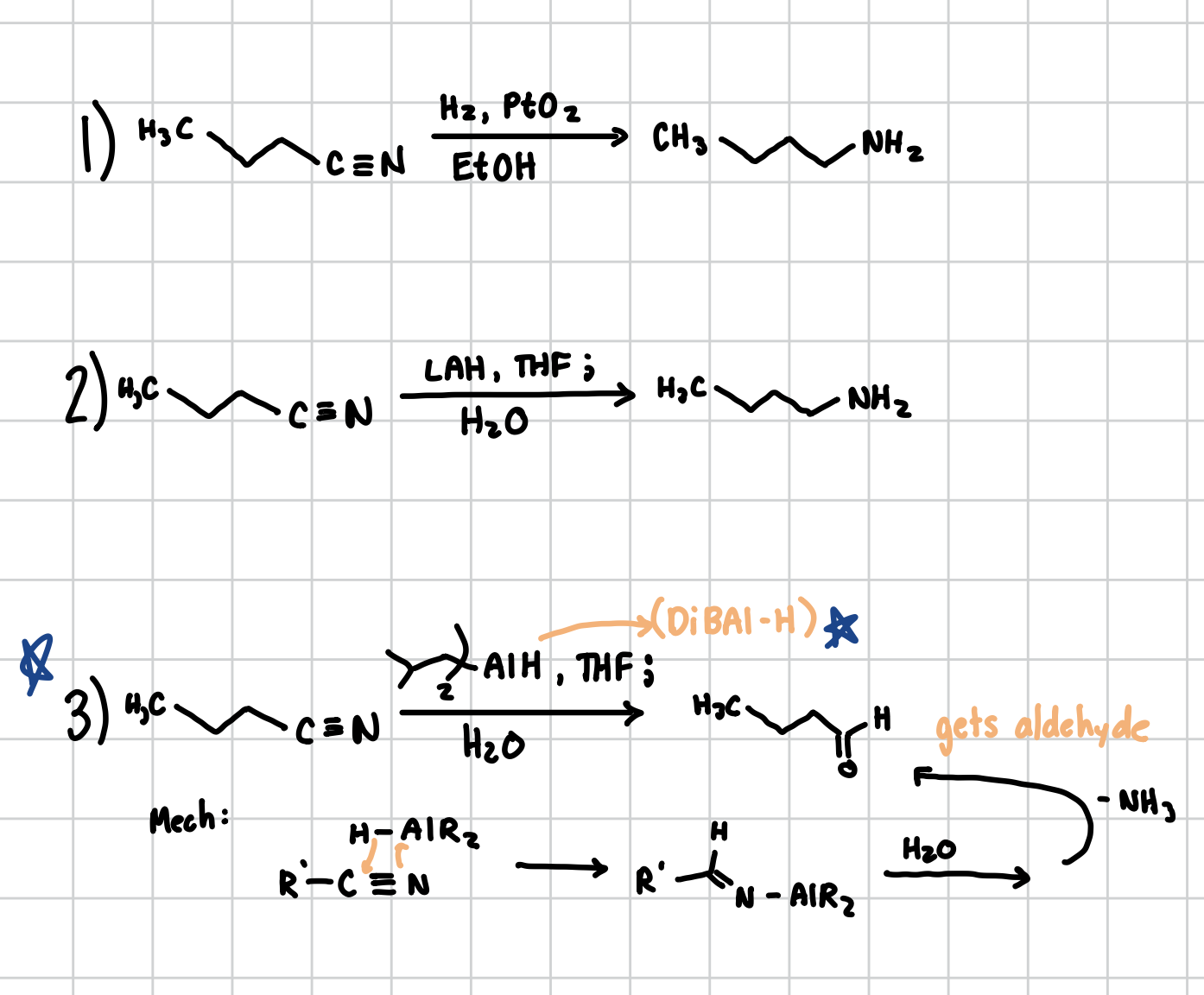 <p>Multiple Ways</p><p>Adds the NH2 group at the END of the nitrile </p><p>Reagents: H2, PtO2, EtOH</p><p>Reagents: LAH, THF; H2O </p><p>Reagents: DiBAl-H, THF; H2O (This one is special cause instead of NH2 it addes an aldehyde at the BEGINNING of the Nitrile)</p>