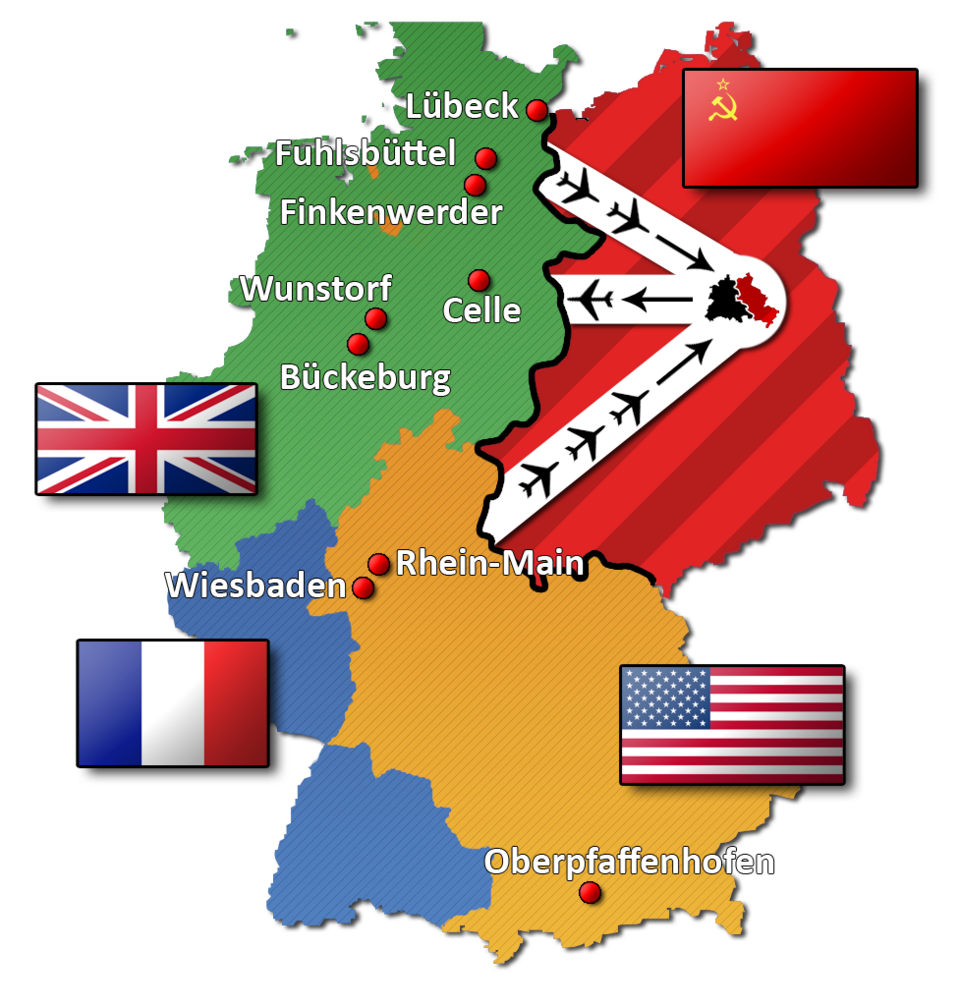 <p>Berlin Airlift-</p><ul><li><p>US, England, and France combined their zones in Germany to create West Germany to strengthen postwar Germany and stimulate its economy. Protect against Soviet expansion and a potential resurgence of the Great Depression.</p></li><li><p>Threatened by this unity, Stalin blockaded West Berlin (cutting roads from West). Attempt to starve west Berliners into becoming east Berliners.</p></li><li><p>US, England, France brought supplies in largest air lift in history for 18 months to keep city alive and provide relief</p></li></ul><p><span style="background-color: transparent;">As tensions grew between the U.S. and the USSR, President Kennedy expanded the defense budget and sent more troops to Europe, particularly West Berlin.</span></p><p><span style="background-color: transparent;">Soviet Union (Khrushchev) built the Berlin Wall in 1961 to separate East and West Berlin.</span></p><ul><li><p><span style="background-color: transparent;">Barred the “brain drain” - East Berliners escaping their poverty-stricken/ oppressive lives to the prosperity/freedom of West Berlin.</span></p></li><li><p><span style="background-color: transparent;">Enduring symbol of the Cold War and the “iron curtain” physical manifestation</span></p></li><li><p><span style="background-color: transparent;">The fall of the Berlin Wall in 1989, was the symbolic end of the Cold War. </span></p></li></ul><p></p>