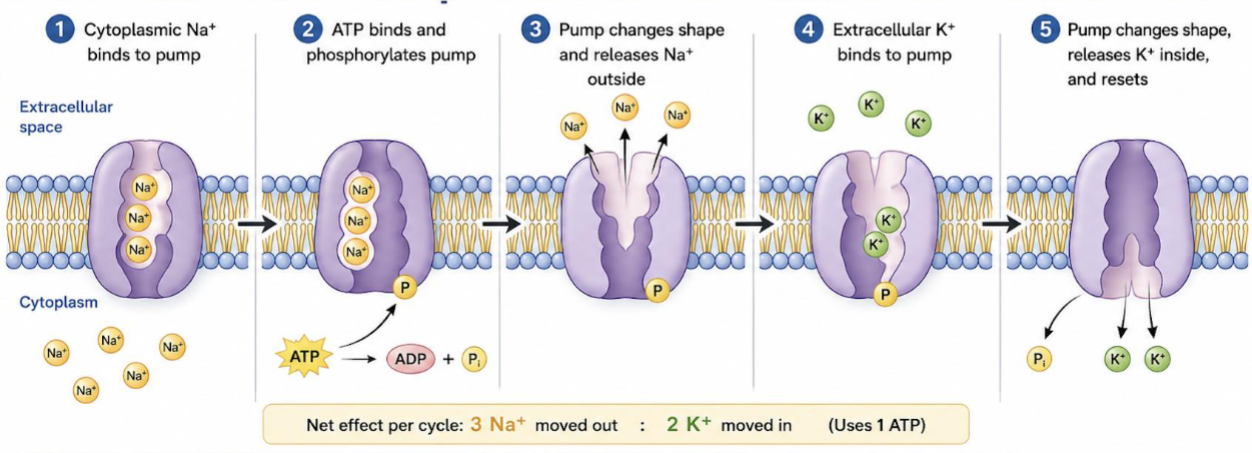 <p>Builds an Electrochemical Gradient</p><ul><li><p>Found in the plasma membrane of animal cells</p></li><li><p>ATP → pump 3 Na⁺ out and 2 K⁺ in per cycle</p></li><li><p>creates ion gradient (contributes to membrane potential)</p></li><li><p>Provides stored energy for secondary active transport</p></li></ul><p></p>