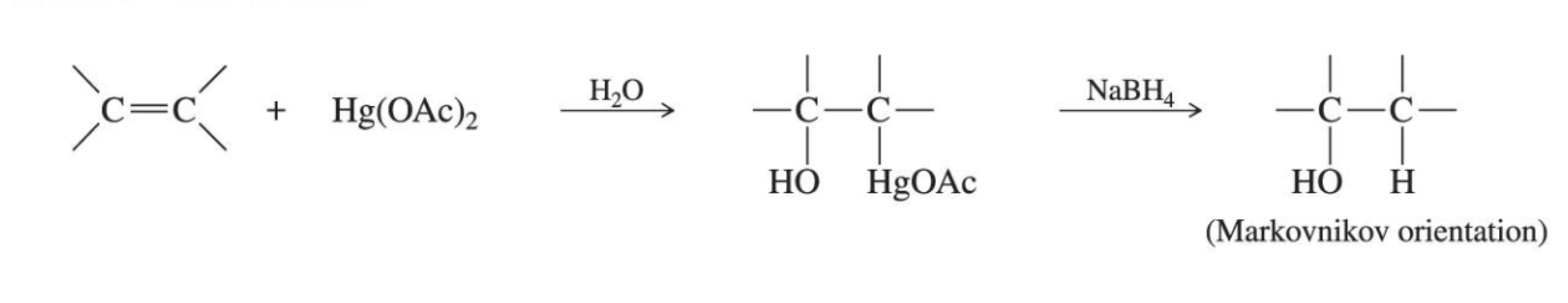 <p>markarmikov, has mercury, intermediate is a three-membered ring (mercurinium ion) not a carbocation. If the nucleophile is an alcohol (ROH), instead of water, an ether is produced</p>